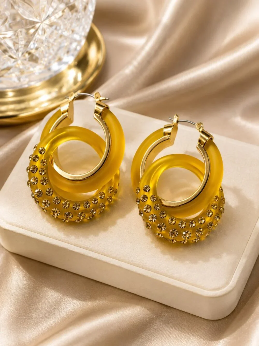 Yellow Double Hoop Earrings w/ Crystal Accents – Bold Women's Statement Jewelry